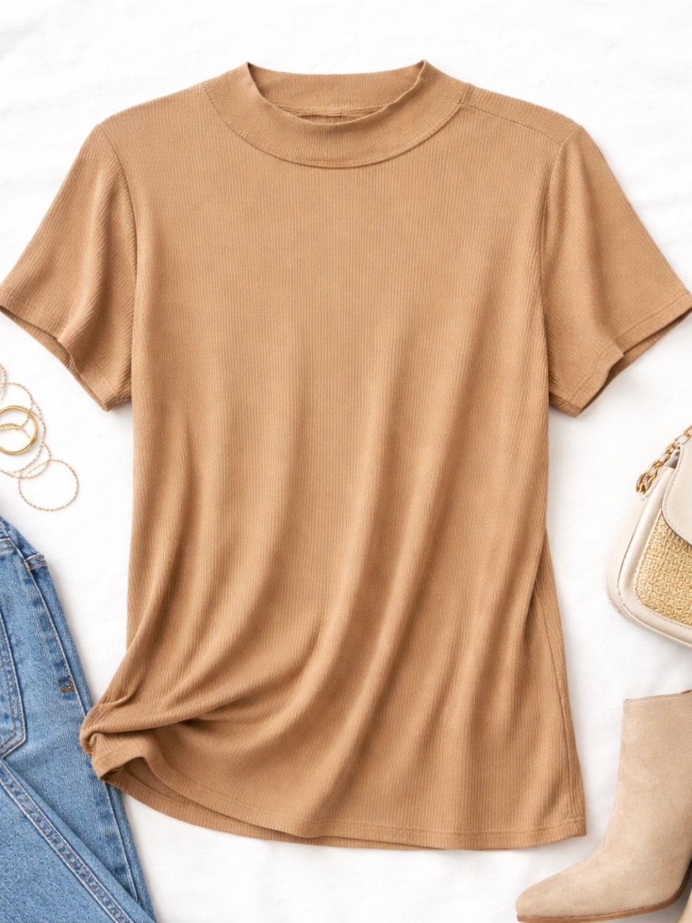 Time and Tru Ribbed Short Sleeve Tee in Camel Brown